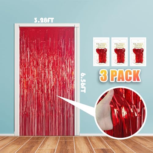 3 Pack 3.28ft x 6.56ft Red Metallic Tinsel Foil Fringe Curtains, Photo Booth Backdrop Party Decorations for Birthday Wedding Baby Shower Graduation Valentines Day New Years - Image 2