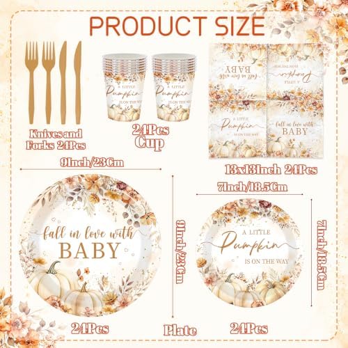Little Pumpkin Baby Shower Decorations - Fall in Love With Baby Tableware Boho Autumn Floral Thanksgiving Party Supplies for A Little Pumpkin is On The Way Baby Shower Decor Serve 24 - Image 6