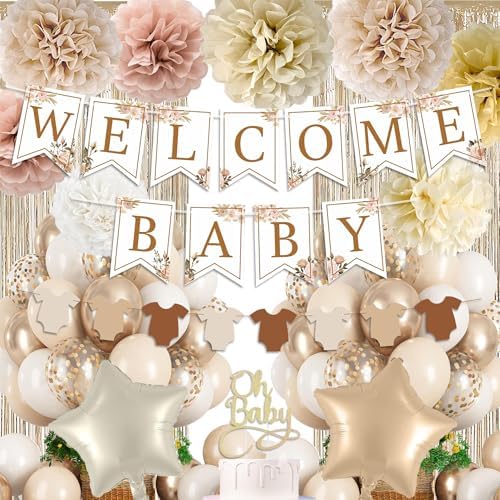 Champagne Baby Shower Decorations, Boho Beige Baby Shower Decor Set with Welcome Baby Banner,Tissue Pom Poms,Oh Baby Cake Topper,Nude Cream Gold Balloons| Neutral Baby Boy Girl Shower Party Supplies by Unknown