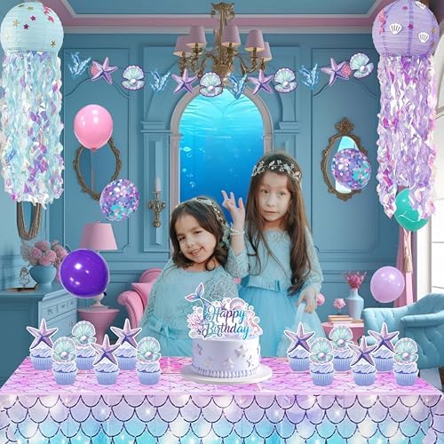 Mermaid Birthday Decorations For Women,Colorful Jellyfish Lanterns,Happy Birthday Backdrop,Banner Balloons,Table Cloth,Paper pom poms Party Supplies for Girls - Image 4
