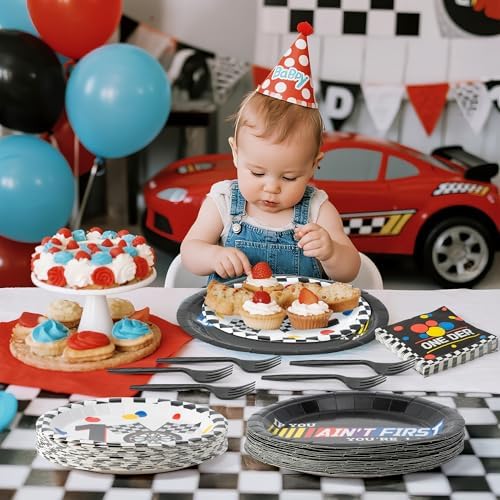 Racing Car First Birthday Party Supplies - 96pcs Paper Plates Napkins Forks Kids 1st Birthday Party Table Decorations Racing Car First Themed Disposable Cake Tableware Set for 24 Guests - Image 6