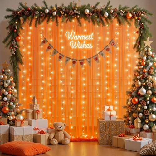 10ft x 10ft Orange Tulle Photo Backdrop Curtain with Lights String for Halloween Party Orange Sheer Curtain Backdrop Drapes for Birthday Party Wedding Photo Booth Background Home Room Decorations - Image 3