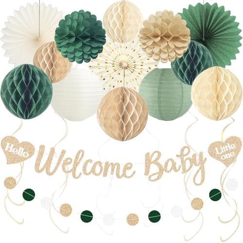 Sage Green Baby Shower Decorations Boy with Welcome Baby Banner by Aonor