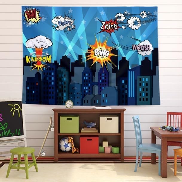 Superheroes Theme Party Photography Backdrop with Props. Super Hero Cityscape Photo Booth Background for Kids Party, Birthday Wall Decorations - Image 5