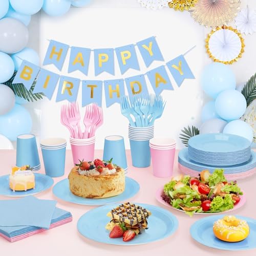Pink and Blue Plates and Napkins Party Supplies, Include 9’’ Disposable Paper Plates, 7’’ Dessert Plates and Cups and Napkins Forks Set for Baby Showers, Birthday, Gender Reveal Party,Serves 50 - Image 5