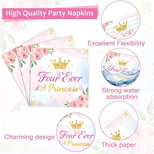 96Pcs Four Ever a Princess Plates and Napkins Girl 4th Birthday Party Decorations Royal Pastel Castle Dessert Disposable Plates Pink & Gold Tableware Set for 24 Guests Floral Fairytale Party Supplies - Image 4