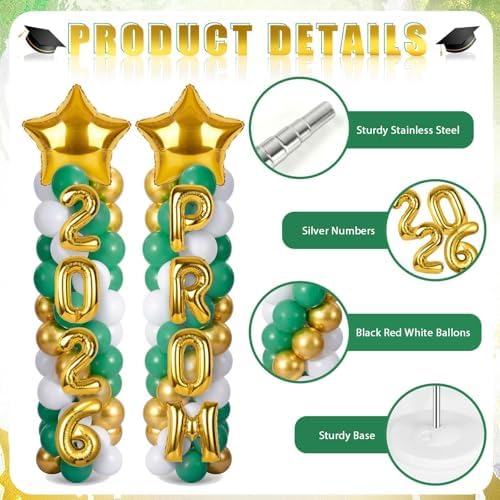 2 Sets Graduation Balloon Column Stand Kits with 132 PCS Green Gold White Latex Balloons 2026 Letters 6.5 Ft Adjustable Metal Tube Telescopic Tower Pillar with Base for Graduation Party Decoration - Image 4