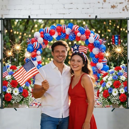 4th of July Independence Day Backdrop, Patriotic Red White and Blue Balloon Arch Flowers Photography Background, Memorial Day Party Photo Veterans Day Patriot Decorative Banner Booth Studio 12X10FT - Image 2