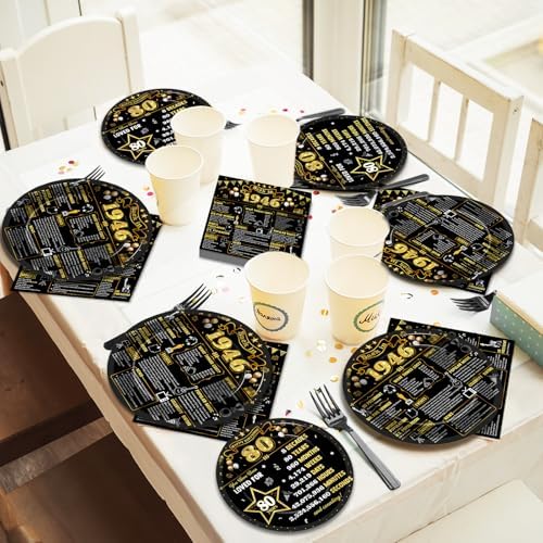 96Pcs 80th Birthday Plates and Napkins Back in 1946 Party Decorations Black Gold 80 Year Old Party Dessert Plates 1946 Birthday Tableware for 24 Guests 80th Theme Men Woman Bday Parties Supplies - Image 6