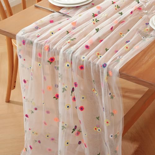 3pcs White Embroidery Daisy Fall Table Runner 10ft Florals Seasonal Tulle Table Runner Holiday Kitchen Dining Table Decoration for Home Party Indoor by Unknown