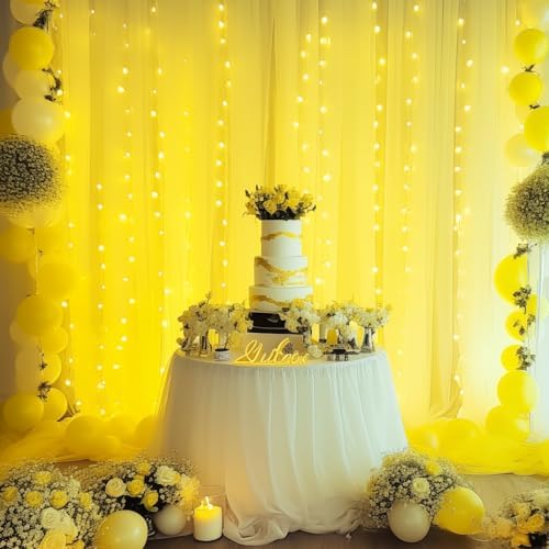20×10ft Yellow Tulle Backdrop Curtain with Lights String for Parties, Sheer Photo Backdrop Curtains for Wedding Party Photography Background - Image 4