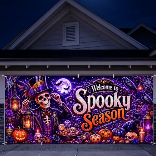 7 x 16 ft Spooky Skeleton Halloween Garage Door Decorations Halloween decorations Door Cover, Hanging Banner for Home, Outdoor, Indoor, Spooky Party, Wall, Window by THISFIND