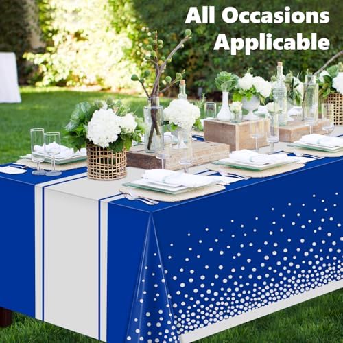 LANLISA Blue and Silver Tablecloth Party Decorations 6 Pack, Disposable Plastic Table Cloths for Graduation Birthday Retirement Masquerade Party Decor - Image 2