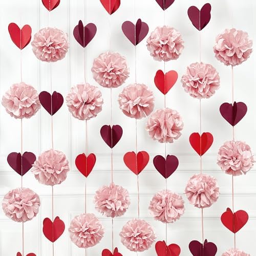 Dusty Rose Pink Party Decoration Tissue Flowers Pom Pom with Burgundy Red 3D Heart Hanging Paper Garland Banner Streamer for Valentines Day Birthday Wedding Shower Bridal Shower Party Supplies by pinkblume