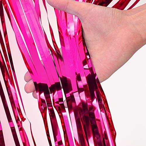 2 Pcs 3.2ft x 8.2ft Shiny Hot Pink Metallic Tinsel Foil Fringe Curtains Photo Booth Backdrop for Birthday Wedding Holiday Celebration Bachelorette Party Decorations - Image 3