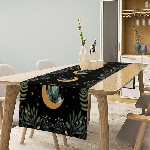 Moon Floral Table Runner Magic Moon Moonlit Flowers Stars Wildflower Botanical Natural Dinner Runner for Farmhouse Kitchen Dining Table Holiday Party Decoration 13"x108" - Image 2