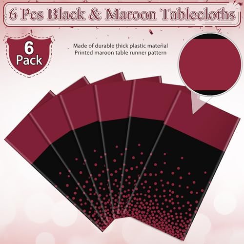 MASHAN 6Pcs Black Maroon Tablecloths, Rectangular Plastic Table Covers, 54x108 Inch, Polka Dot, Stain Resistant, Party Decorations - Image 4