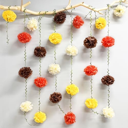 Fall Party Decorations Orange Yellow Brown Beige Tissue Paper Flowers Pom Pom Leaf Ribbon Hanging Garland Streamer for Thanksgiving Harvest Birthday Bachelorette Wedding Shower Party Supplies - Image 4