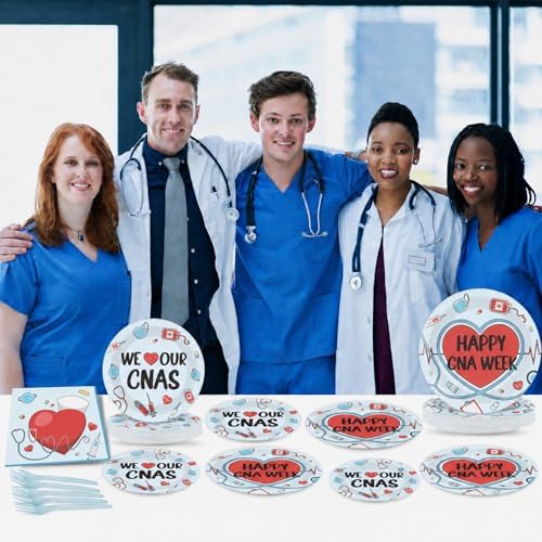 CHUNNIN 96Pcs Happy CNA Week Plates and Napkins Nurse Appreciation Week Party Decorations We Love Our CNAS Dessert Plates Nurse Tableware for 24 Guests CNA Appreciation Week Party Supplies - Image 5