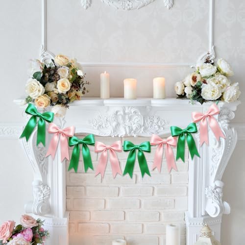 2 Strings of 16PCS Pink&Green Bow Garlands Banner Wicked Party Decoration,Pre-Strung Satin Ribbon Ornaments for Birthday,Bachelorette Party,Wedding,Engagement,Baby Shower,Graduation Decor,Anniversary - Image 7