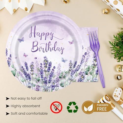 96Pcs Lavender Party Supplies Lavender Paper Plates Napkins Watercolor Blooming Floral Cake Dessert Butterfly Birthday Floral Tableware for Birthday Wedding Picnic Baby Shower Decorations | 24 Guests - Image 5