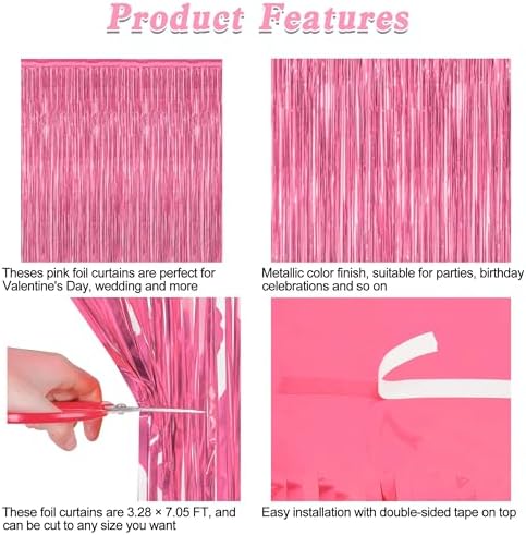 4 Pack Birthday Decorations, 3.28 FT x 7.05 FT Pink Backdrop, Metallic Happy Birthday Backdrop Fringe Curtains Party Streamer, Bachelorette Party Decorations Princes Birthday Valentines Party Decor - Image 4