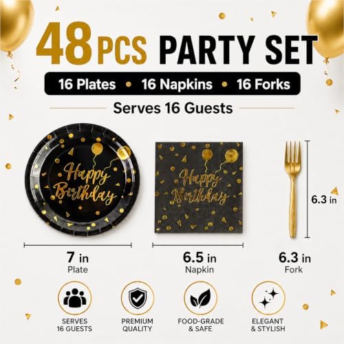 48PCS Happy Birthday Plates and Napkins Party Supplies, Black and Gold Disposable Paper Plates and Napkins with Forks Tableware Set for Birthday Party Decorations 16 Guests (Birthday Black) - Image 2