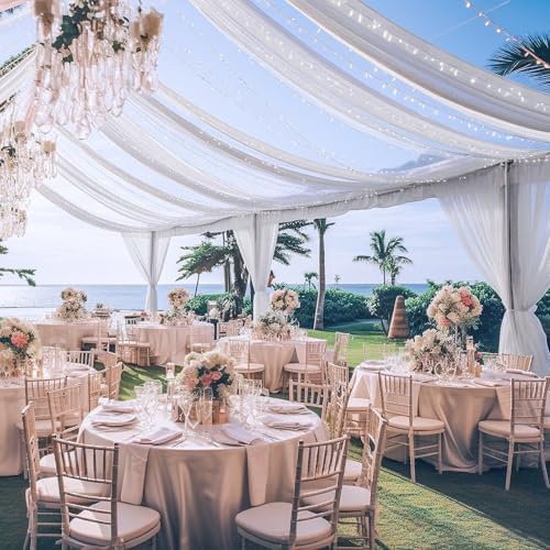 White Ceiling Drapes with Lights String for Weddings, 6 Panels 5ftx20ft Sheer Tulle Backdrop Photo Background Drapes for Wedding Ceremony Birthday Party Arch Decoration by WishCare