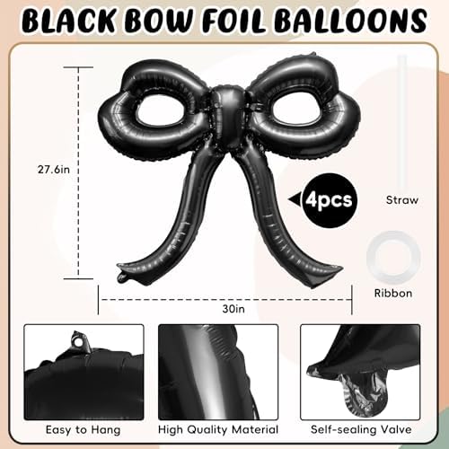4 Pcs Bow Birthday Decorations Black Bow Balloons Bow Party Decorations Giant Foil Balloon for Girl Women Baby Shower Bridal Engagement Wedding Decor Bachelorette Party Supplies - Image 2