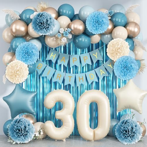 Dusty Blue 30th Birthday Party Decorations Men Beige Number 30 Balloon by KAINSY