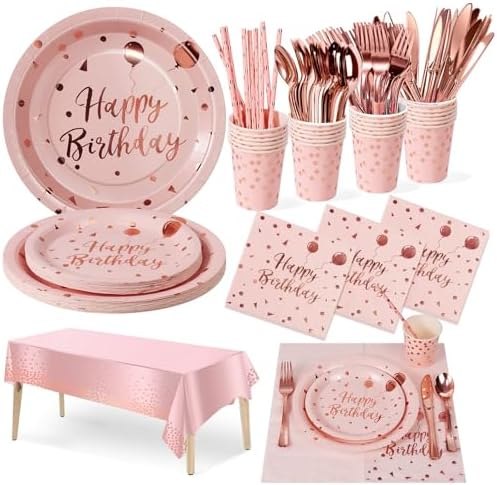 Nkaiso 161 Pcs Pink and Rosegold Birthday Plates and Napkins Set -20 Serves by Nkaiso