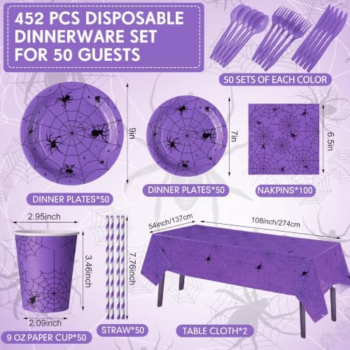 Funnymoom 452 Pcs Purple Halloween Spiderweb Party Supplies, Serve 50 Guest - Image 2