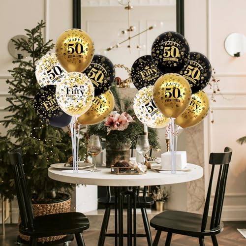 TONIFUL 4 Set Black Gold 50 Printed Balloon Stands for 50th Birthday Decor - Image 6
