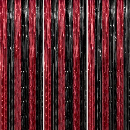 DECOCKRAT 3 Pack Foil Fringe Backdrop - Red&Black Shiny Tinsel Curtains for Party Decoration/Photo Booth Props - 3.3x8.2 FT Metallic Foil Backdrop for Birthday, Wedding, Graduation, Christmas. by DECOCKRAT
