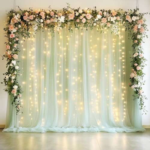 Fomcet Tulle Backdrop Curtains with Lights Sage Green 10x10ft Sheer Curtain by Fomcet
