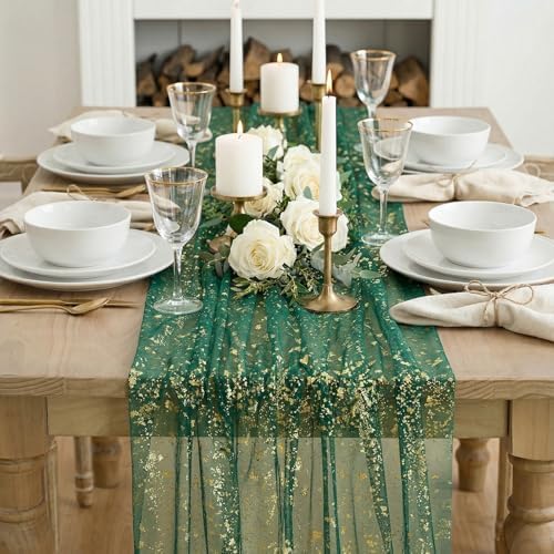 Artoid Mode Green Gold Gauze Table Runner 59x120 Inch 10FT, Glitter Metallic Foil Sheer Dining Wedding Anniversary Holiday Table Decor for Home Party - Image 3