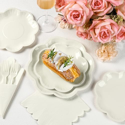 96 Pcs Ivory Paper Plates and Napkins Set Cream Party supplies for 24 Guest Including Beige Scalloped Disposable Dessert Paper Plates Napkin Plastic Fork for Baby Shower Bridal Shower Wedding - Image 3