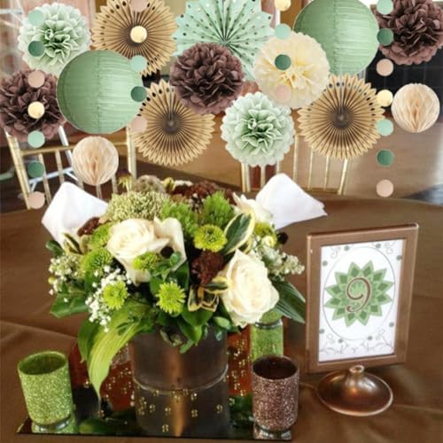 Sage Green and Brown Party Decorations Baby Shower Decorations Sage Green Beige Brown Tissue Paper Pom Poms Lanterns for Sage Green and Brown Birthday Bridal Shower Wedding Room Decor - Image 6