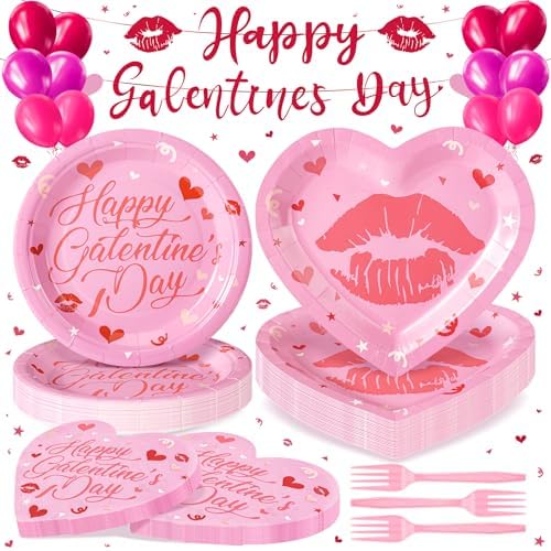 109PCS Happy Galentine's Day Party Supplies,Pink Love Heart Disposable Paper Plates Napkins Cups Forks Dinnerware for 24 Guest,Banner Balloons for Valentines Anniversary Wedding Engagement by FightingtoAchieve