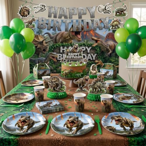 182 Pcs Dinosaur Birthday Party Decorations (Serves 24), Dino Party Decorations Include Banner Hanging Plates Napkins Cups Forks Knifes Tablecloth Topper Balloons for Party - Image 7
