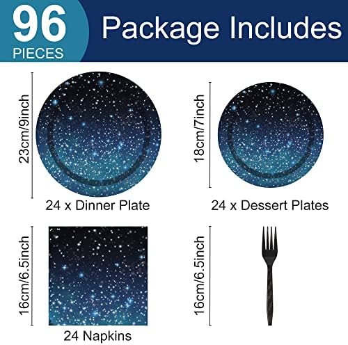 96 Pcs Galaxy Party Starry Night Supplies Tableware Set Outer Space Theme Birthday Star Party Table Decorations Solar System Paper Plates Napkins Forks for 24 Guests - Image 2