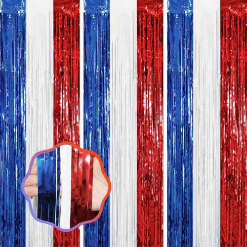 Voircoloria Red White Blue Foil Fringe Backdrop Curtains,3.3x8.2ft, 3 Pack by Voircoloria