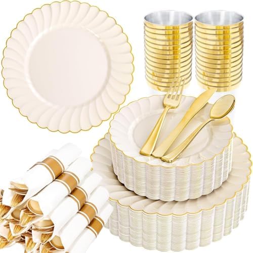 YOUBET 350PCS Ivory Scalloped Plastic Plates for Wedding Party by YOUBET