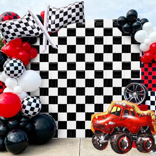 2 Packs Race Car Foil Fringe Curtain, Black White Checkered Glitter Metallic Tinsel Backdrop for Birthday, Baby Shower, Racing Car Truck One Happy Dude Party Decorations Supplies - Image 7