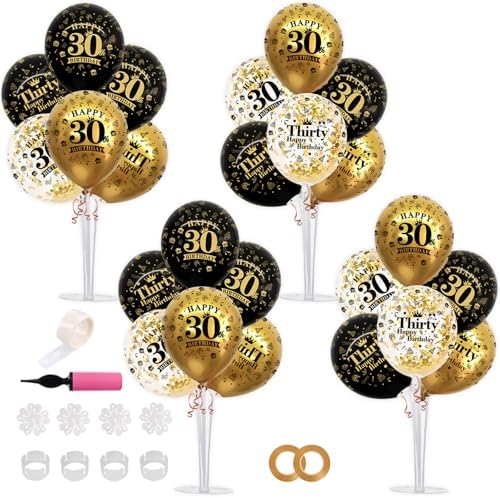 TONIFUL 4 Set Black Gold 30 Printed Balloon Stands for 30th Birthday Decor by TONIFUL
