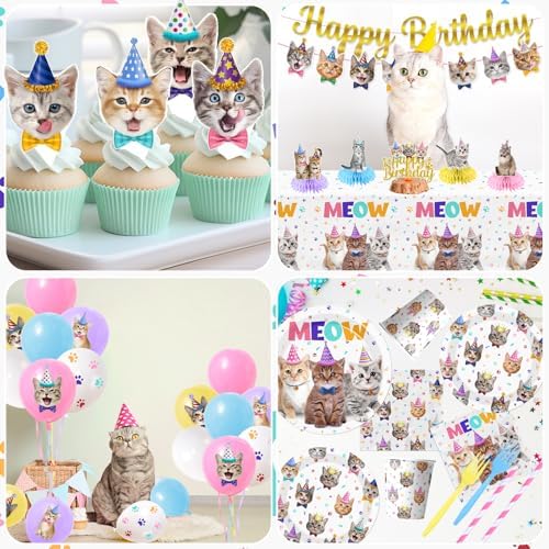 Cat Birthday Decorations,189pcs Cat Party Decorations cat Birthday Plates and Napkins Cups Tablecloth Cake Topper Hanging Swirls Centerpiece Balloon for Ca t Party Supplies - Image 5