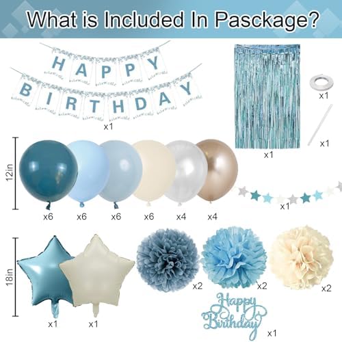 Blue Birthday Decorations, Retro Dusty Blue Sand White Gold Party Balloon Kit with Happy Birthday Banner Fringe Curtain Background Pom Poms Cake Topper for Baby Boys Girl Women Men Bday Decor Supplies - Image 2