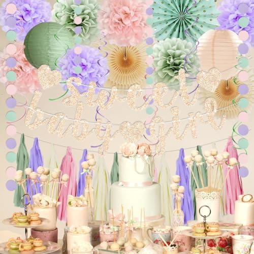 Sage Green and Blush Purple Baby Shower Decorations - Sweet Baby Girl Banner, Olive Green Lanterns, Streamers, Tissue Pom Poms, Paper Fans, Boho Paper Tassel, Rustic Backdrop Decor - Image 4