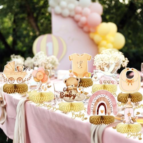 8Pcs Bear Baby Shower Decorations Honeycomb Centerpieces for Girl, Confetti Baby Shower Table Decorations Birthday Party Table Centerpieces Toppers Party Decor (Pink) - Image 6