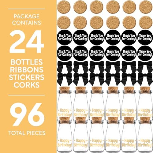 Ethisa Vintage 24 Pack Adult Birthday Party Favors Glass Bottles with Ribbons and Stickers - Classy Happy Birthday Favors and Table Centerpieces Decorations - Sturdy Candy Jar for Guests - Image 6